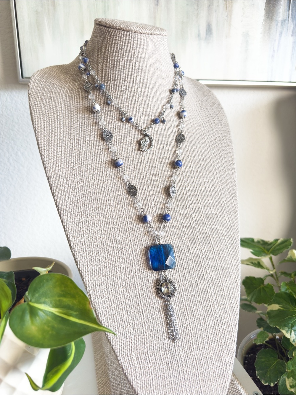 Celestial + Floral Silver Tone Layered Necklace with Sodalite Stones
